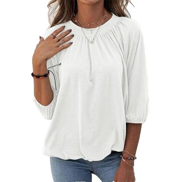Simple Flavor White Half-Sleeve Smocked Crewneck Top S - Picture 1 of 2